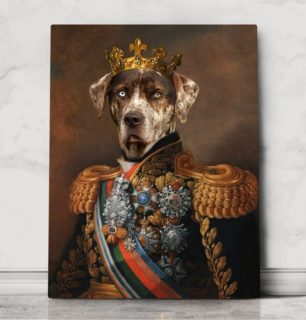Royal Pet Portrait, general military costume dog portrait made from photo, king with crown pet portrait
