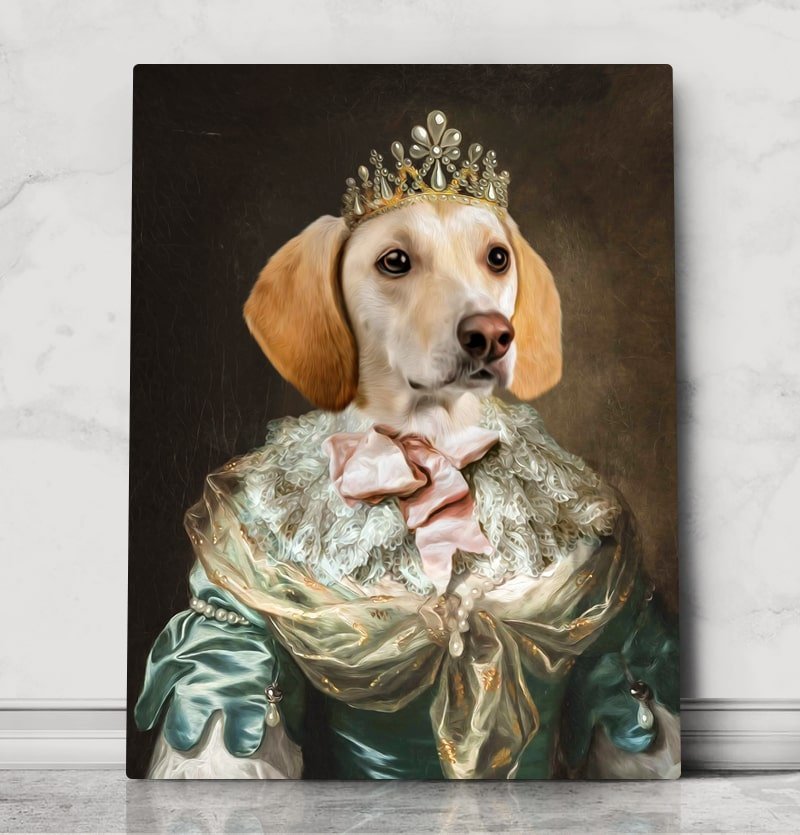 Pet Portrait royal costume, Custom Renaissance dog portrait made from photo, Queen dog in dress with crown