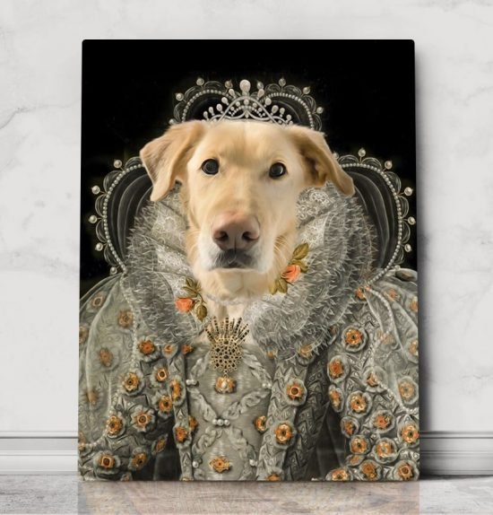 Funny dog portrait in renaissance costume, royal pet portrait with pearled crown, golden retriever treat like a a royalty