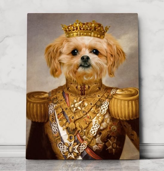 king dog portrait, royal pet painting, regal pet with crown, military costume, army gift, birthday funny gift